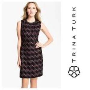 Trina Turk Goodnight Tweed Sheath Dress M Black Pink Geometric Workwear